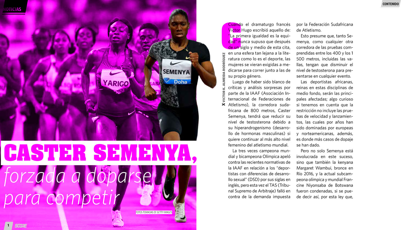 Diseño de artículo sobre Caster Semenya, en la revista SCORE