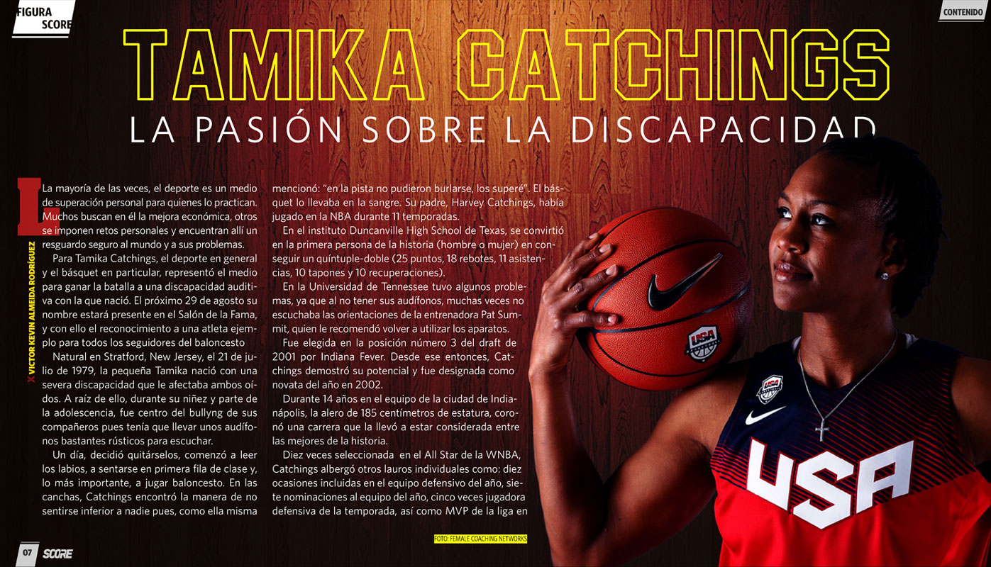 Diseño de artículo sobre Tamika Catchings, en la revista SCORE