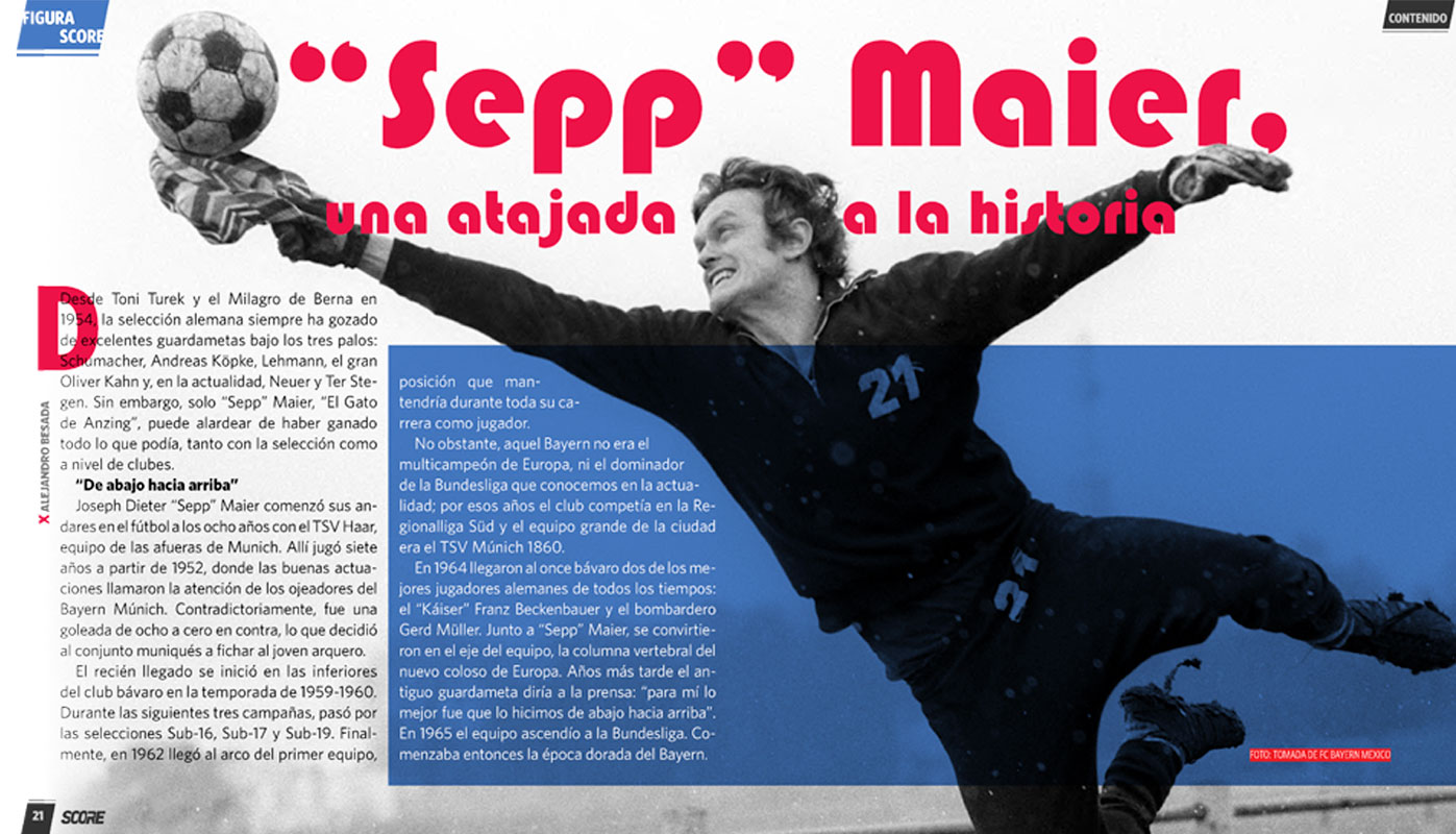 Diseño de artículo sobre Sepp Maier, en la revista SCORE