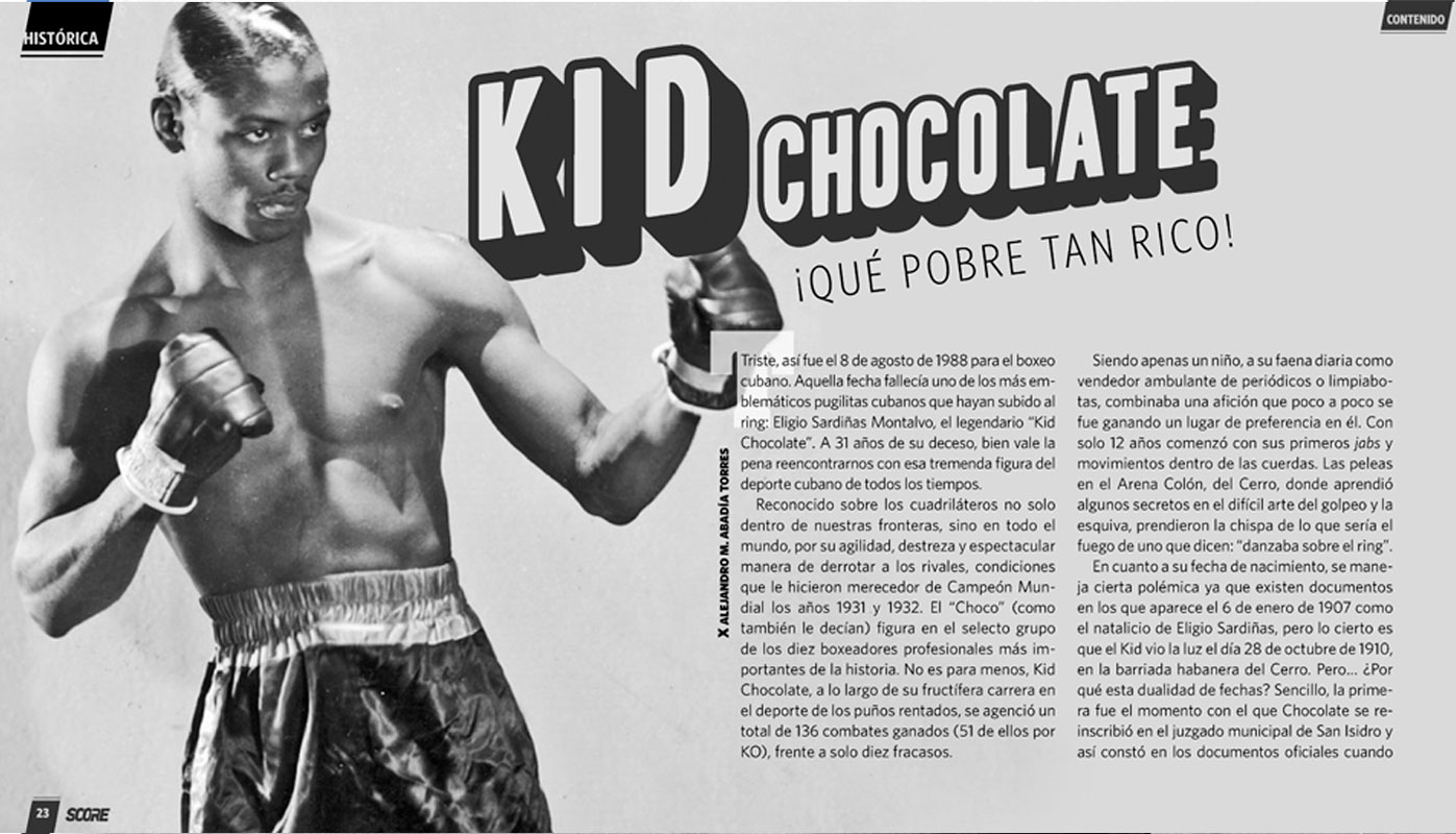 Diseño de artículo sobre Kid Chocolate, en la revista SCORE